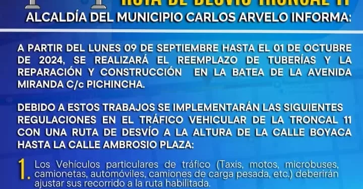 Habilitan ruta de desvío en la Troncal 11 de Carlos Arvelo por trabajos de infraestructuras
